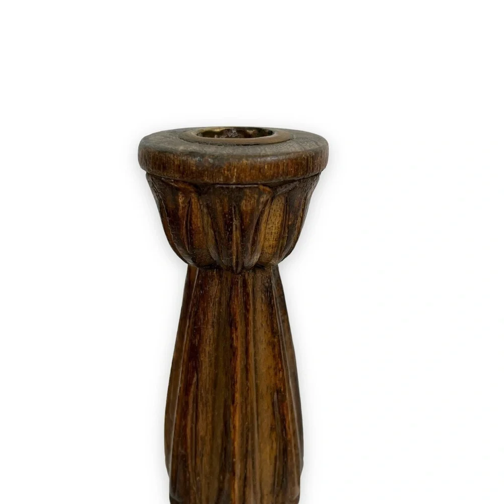 Candle Stick Holders Set of 2 Wooden Hand Carved Vintage Leaf Decor